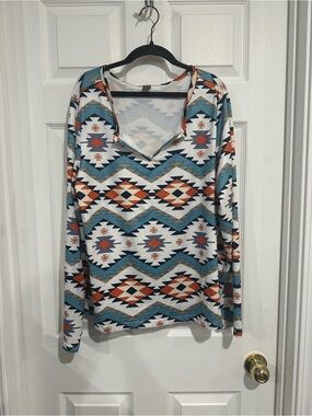 Ranlege Women’s Southwestern Aztec Print Long Sleeve V-Neck Top